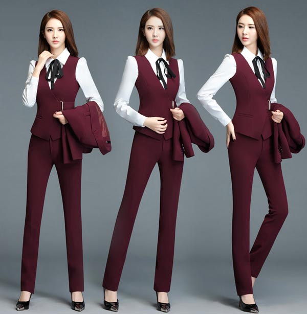酒紅色女士職業西裝馬甲配西褲款式展示圖