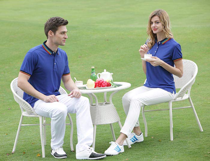 寶藍色款彩虹領短袖T恤衫定做男女模特效果圖,現貨翻領短袖POLO衫制作LOGO