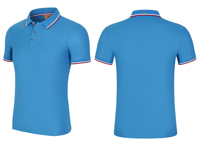 200克孔藍(lán)色款CVC面料織帶門瞳短袖翻領(lǐng)T恤衫工衣立體款式圖